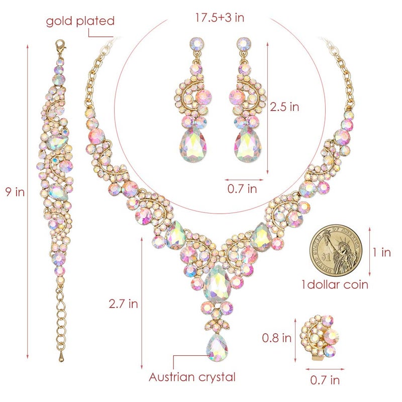 CSY Elegant Iridescent Crystal Necklace Earrings Bracelet Ring Bridal Wedding Costume Jewelry Sets for Brides Women Gifts (Iridescent AB Crystal - Gold tone) - Image 2